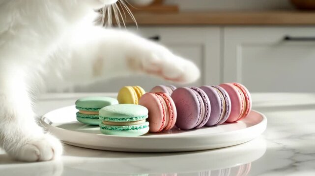 White cat paw reaching for colorful macarons arranged on a white plate