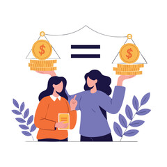 Two women balancing scales with coins and money stacks on a white background with purple leaves.