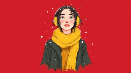 Young woman with headphones and a scarf in winter setting with red background