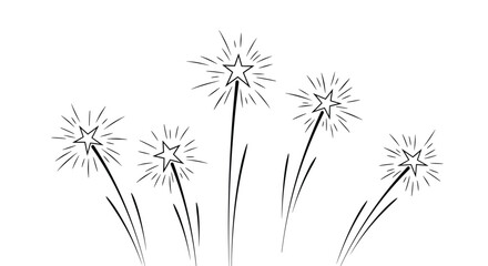 A simple black and white line art drawing of celebratory fireworks with five star-shaped bursts shooting into the sky.