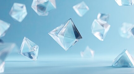 Floating crystalline geometric forms on a light blue surface