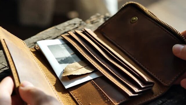 Close-up view of a textured brown leather wallet resting on a rustic wooden surface with soft natural lighting highlighting its features