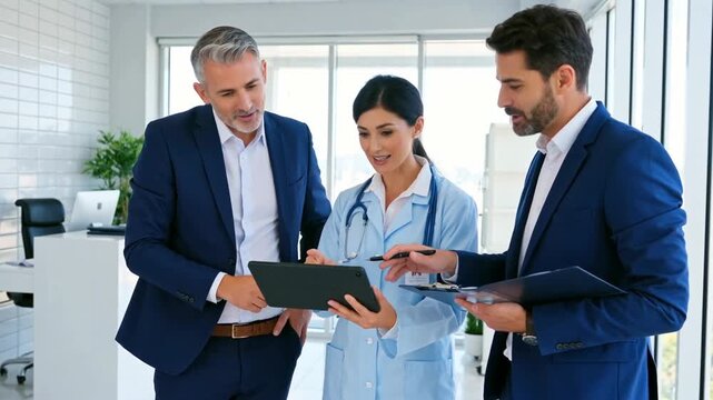 Three professionals collaborating in a modern office, reviewing data on a digital tablet and discussing medical solutions