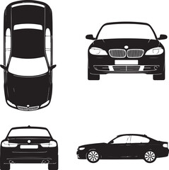 black car silhouettes in different views isolated on white background