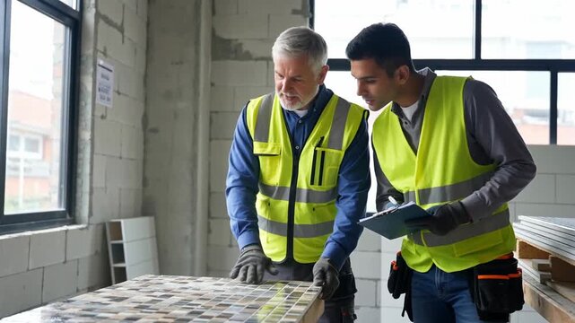 Two construction workers in safety vests reviewing tile samples at a job site with a bright window illuminating the workspace