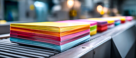 Bright brochures sit on a clean conveyor belt in a printing house. Sheets are separated from the stack, highlighting the printing process and modern technology
