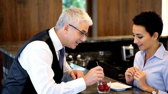 Two smiling individuals enjoying a dessert, with a man in a vest presenting a delicately crafted treat to a woman in a light blue shirt, set in a modern kitchen environment with wooden elements