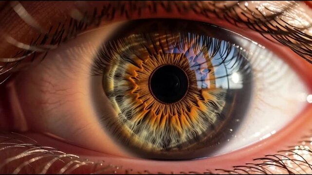 A close-up view of a human eye with a detailed iris and visible reflections