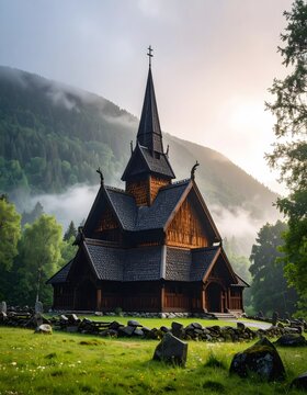 Majestic Borgund Stave Church Amidst Misty Mountains and Lush Greenery in Norway