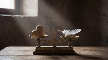 Vintage brass scale balancing a wooden heart and a white feather on a rustic table. Conceptual image of divine judgment, justice and spiritual weight of the soul in a dark room with light beam.