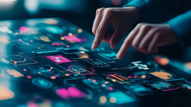 Abstract Data Interaction on Futuristic Touchscreen with Glowing Interfaces and Connected Nodes
