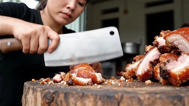 A focused woman slicing crispy roasted pork with a cleaver on a wooden chopping block, showcasing culinary expertise