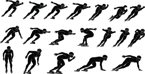 Speed skating silhouette icon set featuring professional ice skaters racing and competing in winter sports tournament for athletic competition exercise and Olympic game illustrations © Shuvo Roy