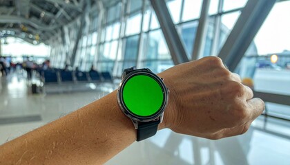 Close-up of a persons wrist wearing a smartwatch with a green screen in an airport terminal.
