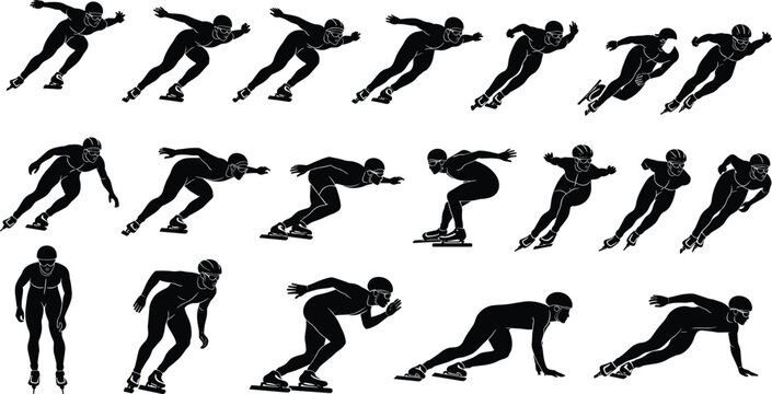 Speed skating silhouette icon set featuring professional ice skaters racing and competing in winter sports tournament for athletic competition exercise and Olympic game illustrations