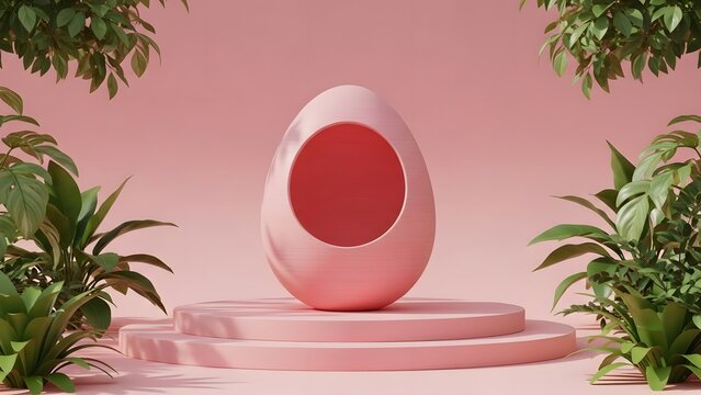 Abstract technology concept futuristic pink oval structure with lush greenery