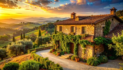 Naklejka premium Tuscan countryside villa with warm terracotta roof, ivy-covered stone walls, and rolling hills. Semi-realistic scene emphasizing rustic elegance, sunlight, and serene rural atmosphere. 