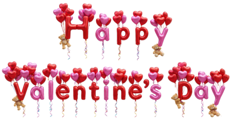 happy valentine's day text made of foil balloons with plush bears isolated on a transparent background
