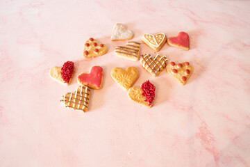 pretty  heart shaped cookies  in  multiples  scatters  copy  space  valentines  wedding  romantic food 