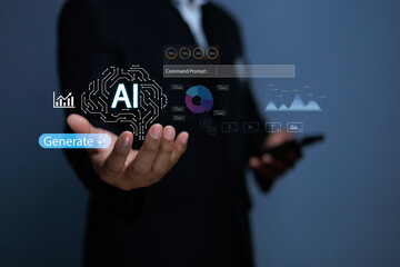 Future technology concept showing AI agents and machine learning chip processing global data in a businessman hand.