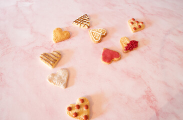 pretty  heart shaped cookies  in  multiples  scatters  copy  space  valentines  wedding  romantic food 