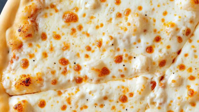 Melted, bubbling cheese topping on two adjacent slices of baked baked crusty Italian flatbread close up