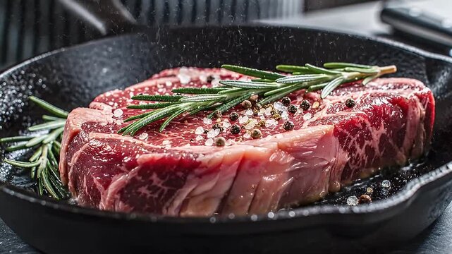 A tantalizing close-up shot captures a thick, raw cut of premium beef, richly marbled and pristine, resting in a rustic cast iron skillet. The vibrant red meat is expertly seasoned with coarse sea sal