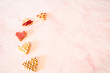 pretty  heart shaped cookies  in  multiples  scatters  copy  space  valentines  wedding  romantic food 