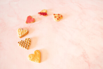 pretty  heart shaped cookies  in  multiples  scatters  copy  space  valentines  wedding  romantic food 