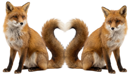 two red foxes sitting back to back with tails forming a heart isolated on a transparent background