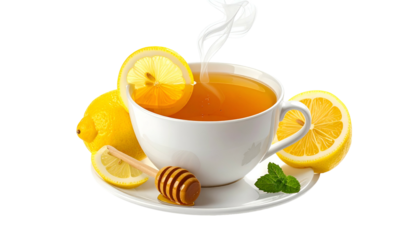 A cup of hot tea with lemon and honey, steam rising. A healthy and refreshing beverage