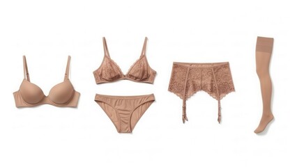 Lingerie set beige underwear collection simple clothing design white background