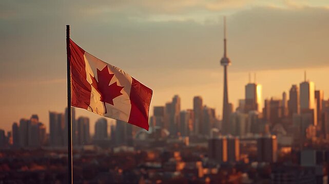 Canadian Flag Flying Over Toronto at Golden Hour