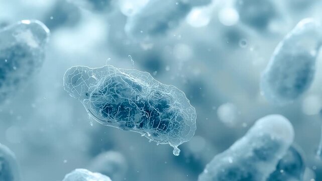 Microscopic bacteria cells with translucent bodies floating in clear fluid under blue laboratory lighting