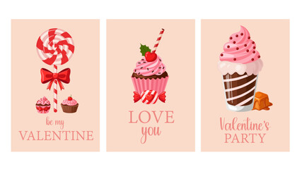 Fototapeta premium Set of Valentine's Day greeting cards with sweet treats, lollipop, cupcake, and chocolate mousse.