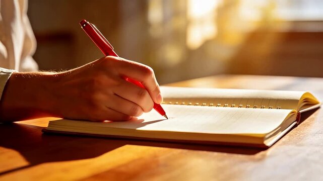 Hand writing in notebook with red pen