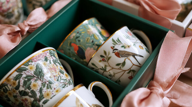 Mugs with various botanical patterns and delicate bird illustrations creating an elegant and luxurious gift set