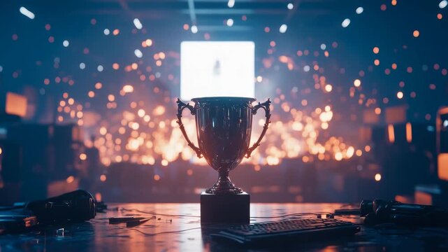 Silhouetted Grand Tournament Award on Desk Amidst Energetic Celebration Light Flare Atmosphere