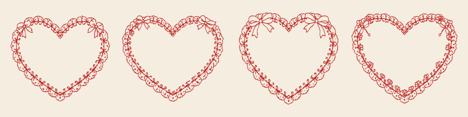 Red lace heart frames set with floral and bow details hand drawn romantic valentine decorative outline illustration on beige background