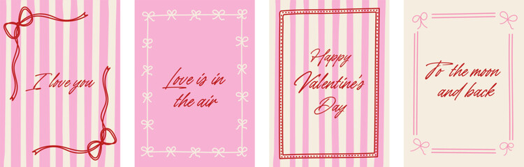 Valentine greeting card set with bow frames and handwritten romantic quotes on pink striped and solid backgrounds love holiday design