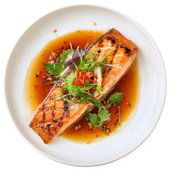 Grilled Salmon with Chili, Cilantro, Green Onion, and Soy Garlic Sauce on Plate