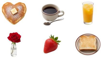 set of breakfast items including heart shaped pancake and red rose isolated on a transparent background