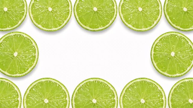 A vibrant and refreshing arrangement of perfectly cut, bright green citrus fruit slices creates a natural, symmetrical frame against a clean white background. The juicy segments and fresh texture of t