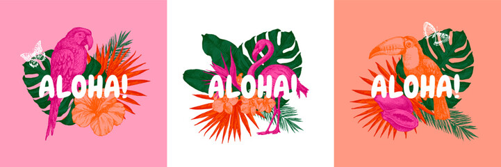 Vintage tropical exotic banner set. Parrot, toucan, tropical leaves, hibiscus. Coffee, restaurant, food packaging, event decor concept. Hand drawn mediterranean sketch vector illustration.