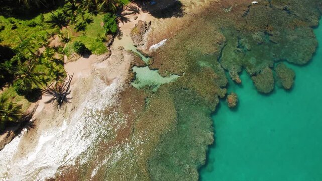 Aerial view shows reef pattern beside tropical sandy beach in Costa Rica