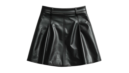 A glossy black leather mini-skirt with pleats and a structured waistline, isolated on black