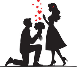 Romantic Marriage Proposal Silhouette - Man Proposing to Woman with Flowers and Hearts.