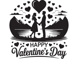 Romantic Couple Silhouette with Scenic Mountains and Lake - Happy Valentine&rsquo;s Day Greeting. Elegant Couple Holding Hands Illustration for Happy Valentine&rsquo;s Day.