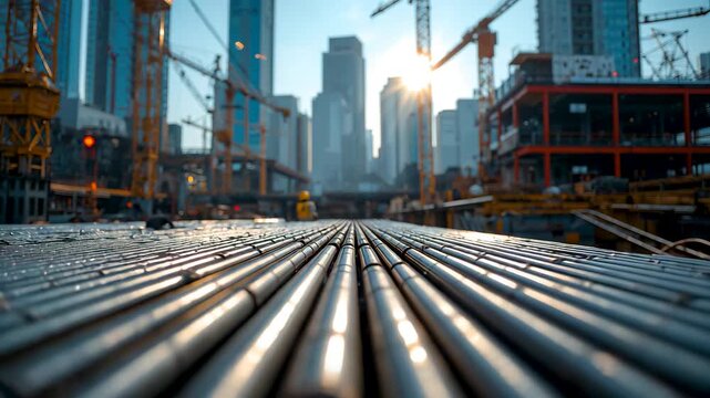 Rows of shiny metal steel pipes tubes aligned on construction site with city skyscrapers cranes at sunrise
