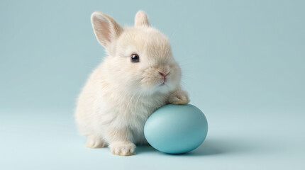 A small white bunny rabbit sits next to a light blue spherical object on a light blue surface in a studio setting